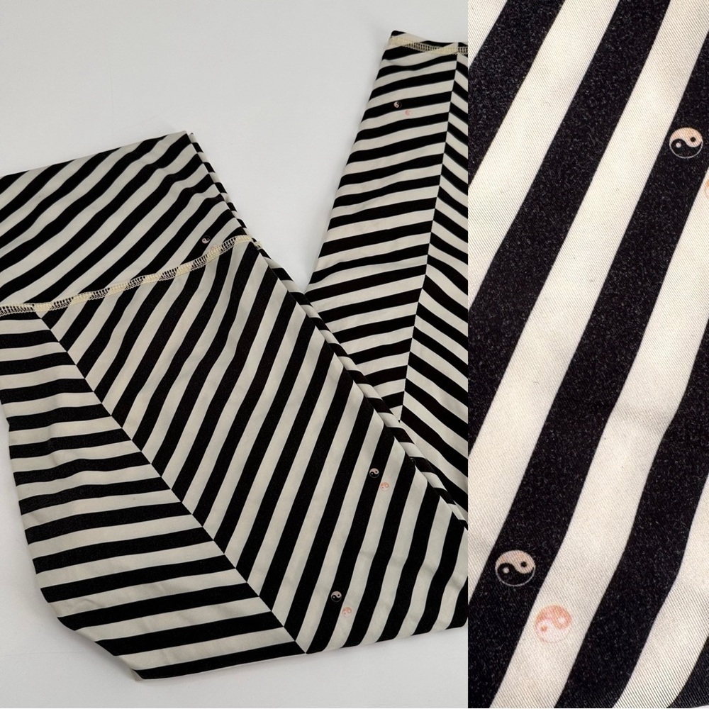 teeki Black and White Striped High-Waist Leggings with Yin Yang Accents